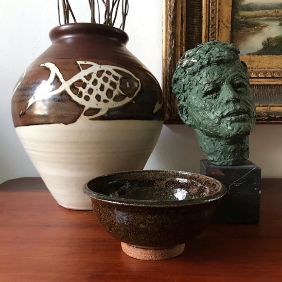 Vintage Japanese studio pottery ceramic wabi sabi fish vase - Picture 3 of 12